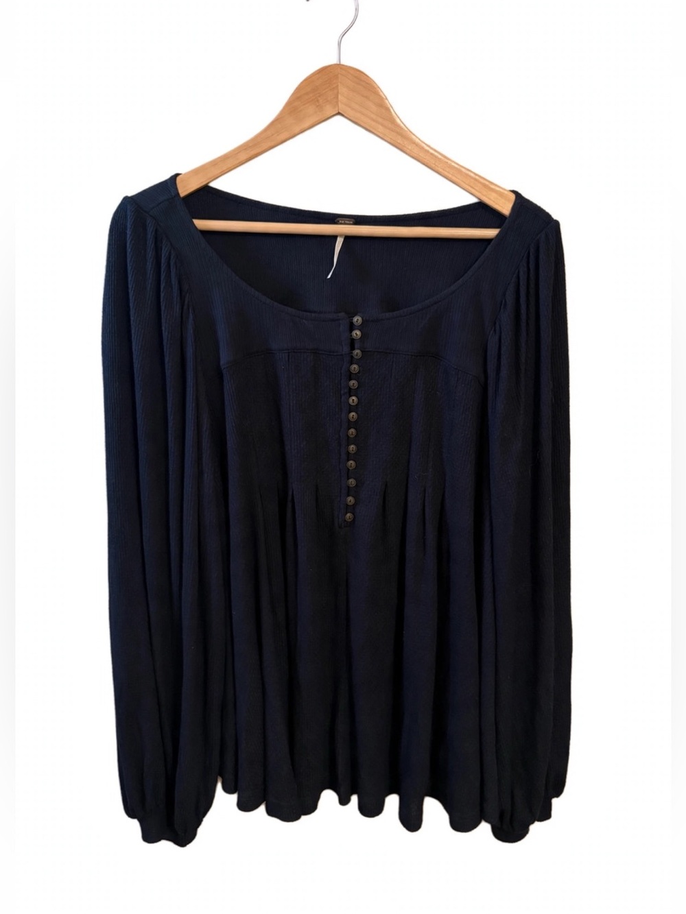 Free People Black Button-Front Long Sleeve Henley Peasant Top- Size XL